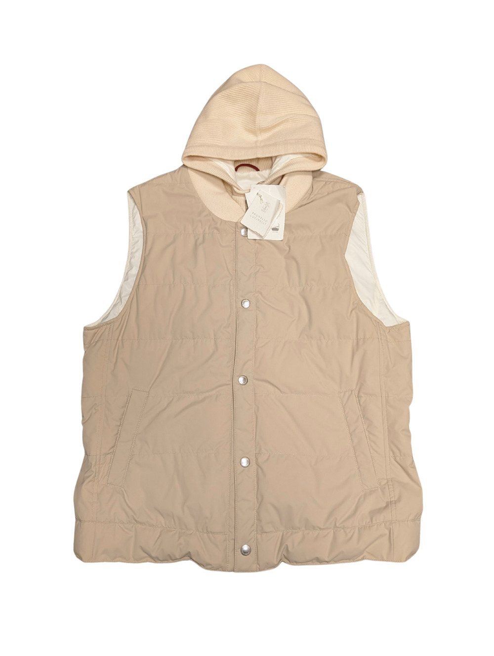 NWT Brunello Cucinelli Wool Beige Cashmere Down Hooded Vest Men Size Large